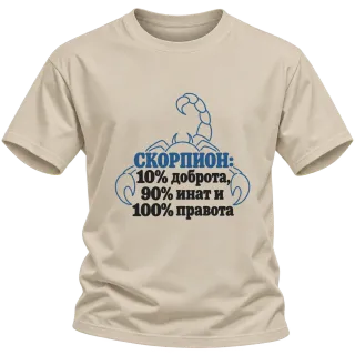 Скорпион: 10% доброта, 90% инат, 100 правота върху Тениска