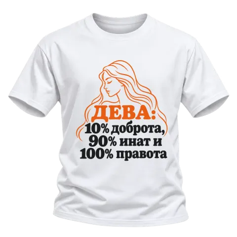 Дева: 10% доброта, 90% инат, 100 правота върху Тениска — Бяло