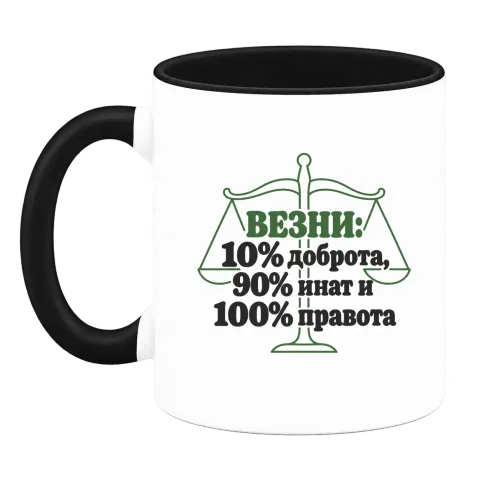 Везни: 10% доброта, 90% инат, 100 правота върху Чаша — Черна