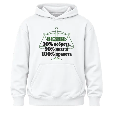 Везни: 10% доброта, 90% инат, 100 правота върху Худи — Бяло