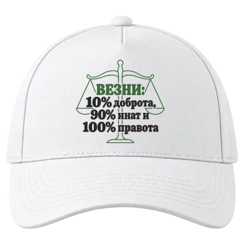 Везни: 10% доброта, 90% инат, 100 правота върху Шапка — Бяло
