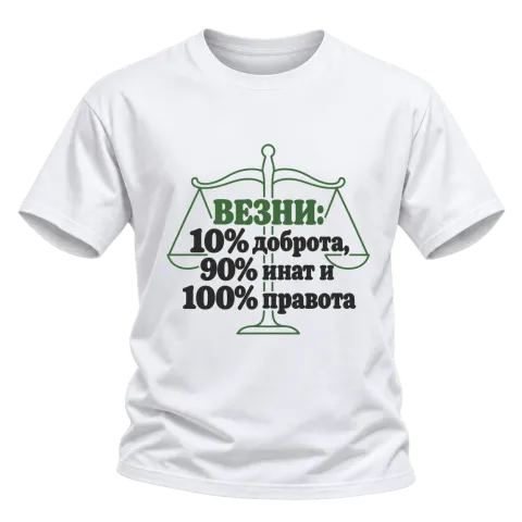 Везни: 10% доброта, 90% инат, 100 правота върху Тениска — Бяло