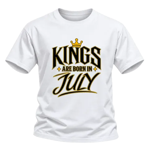 KINGS ARE BORN IN JULY върху Тениска — Бяло