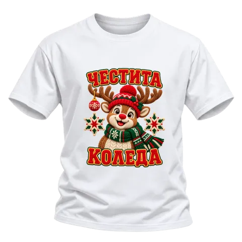 Плетен елен Честита Коледа върху Тениска — Бяло