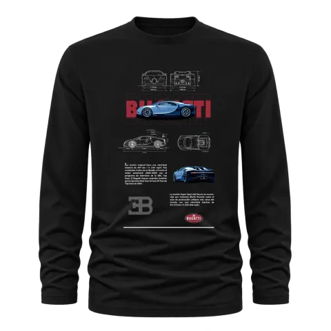 Bugatti графика на хиперавтомобил върху Тениска с дълъг ръкав — Черно