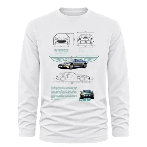 Aston Martin DBS технически план върху Тениска с дълъг ръкав — Бяло