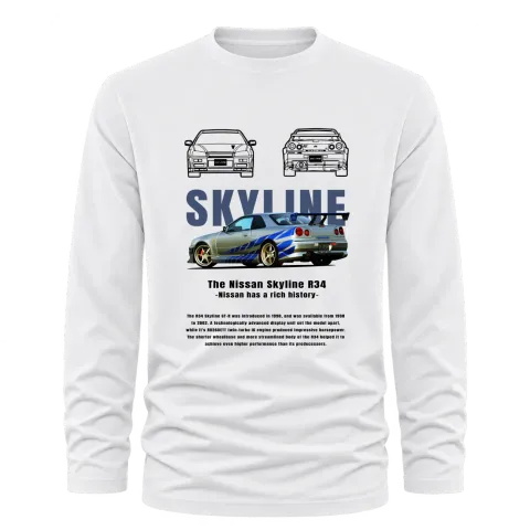 Nissan Skyline R34 върху Тениска с дълъг ръкав — Бяло