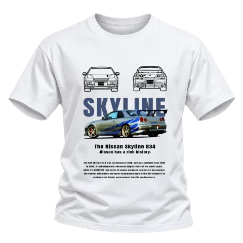 Nissan Skyline R34 върху Тениска — Бяло