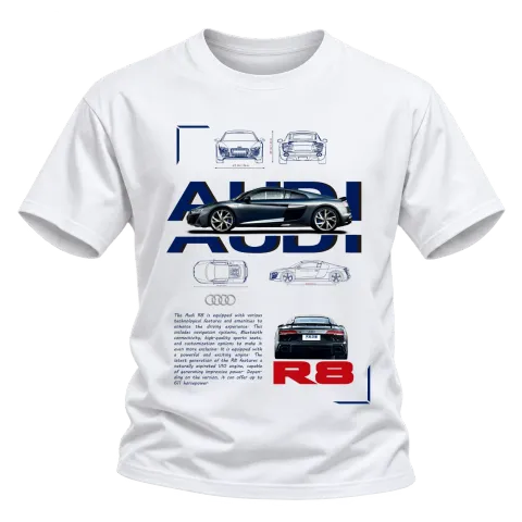 Audi R8 технически чертеж върху Тениска — Бяло