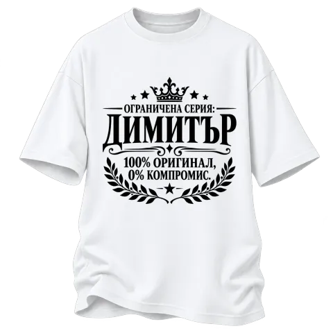 Димитър 100% оригинал върху Овърсайз — Бяло