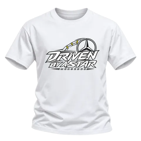 Driven by a Star Mercedes върху Тениска — Бяло