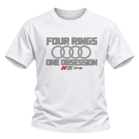 Four Rings One Obsession Audi върху Тениска — Бяло