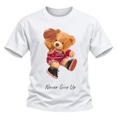 Мече баскетболист Never Give Up върху Тениска — Бяло