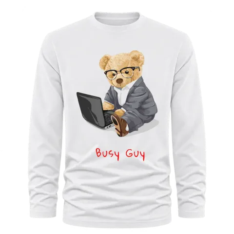 Мече Busy Guy върху Тениска с дълъг ръкав — Бяло