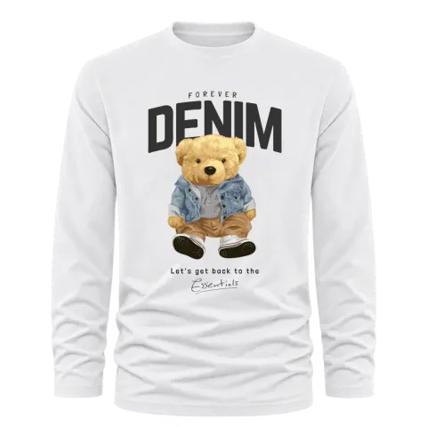 Мече DENIM върху Тениска с дълъг ръкав — Бяло
