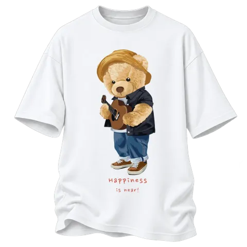 Мече Happiness is near върху Овърсайз — Бяло