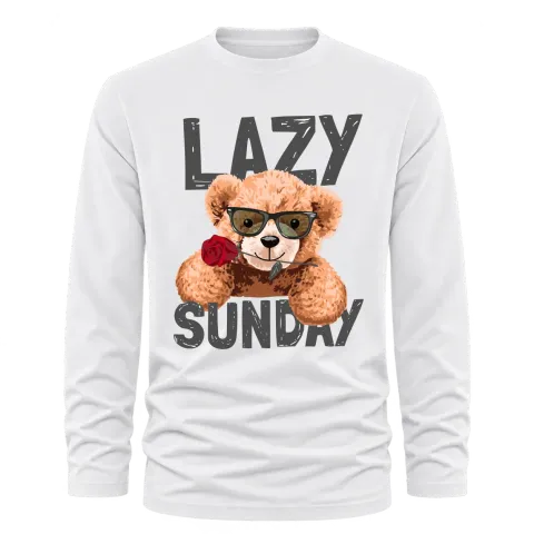 Мече Lazy Sunday върху Тениска с дълъг ръкав — Бяло