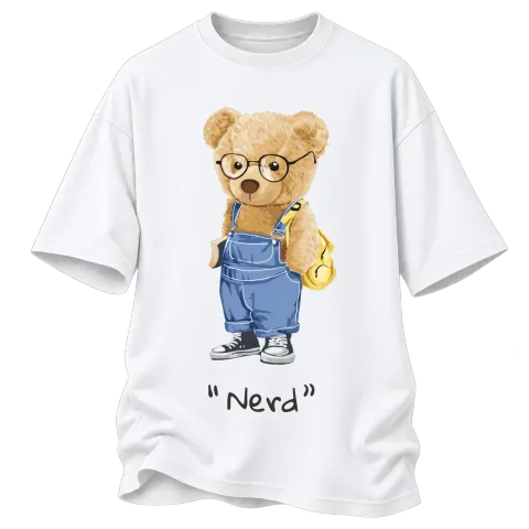Мече Nerd върху Овърсайз — Бяло
