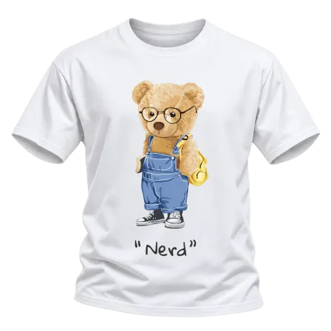 Мече Nerd върху Тениска — Бяло