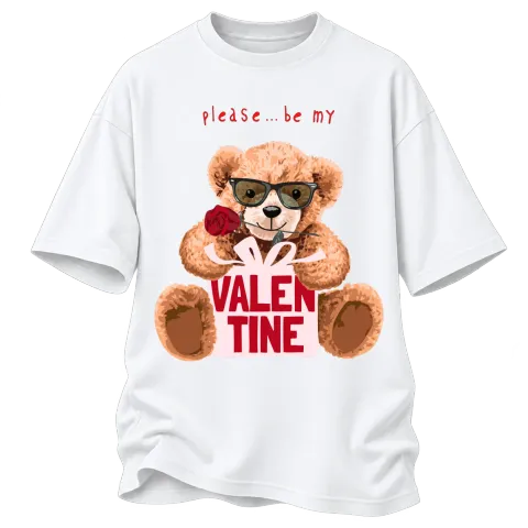 Мече please be my Valentine върху Овърсайз — Бяло
