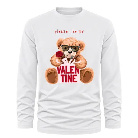Мече please be my Valentine върху Тениска с дълъг ръкав — Бяло