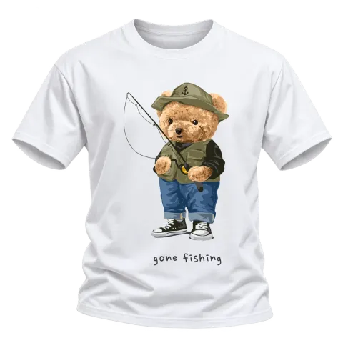 Мече рибар gone fishing върху Тениска — Бяло