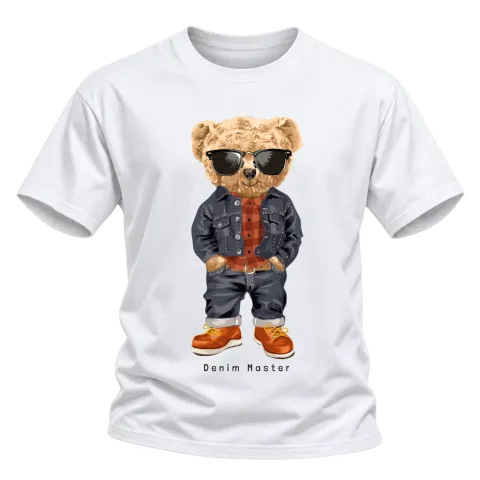 Мече с очила Denim Master върху Тениска — Бяло