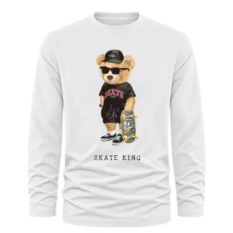 Мече Skate King върху Тениска с дълъг ръкав — Бяло