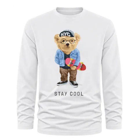 Мече скейтър Stay Cool върху Тениска с дълъг ръкав — Бяло