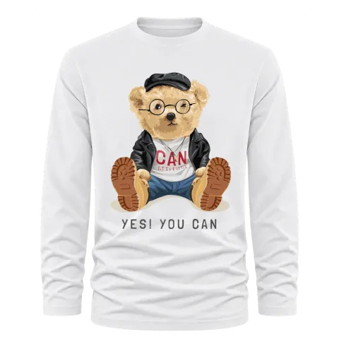 Мече Yes You Can върху Тениска с дълъг ръкав — Бяло