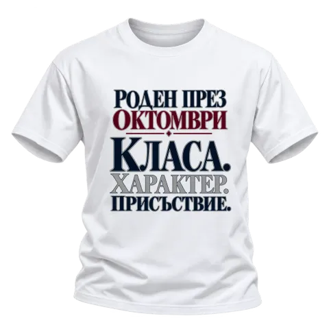 Роден през Октомври върху Тениска — Бяло
