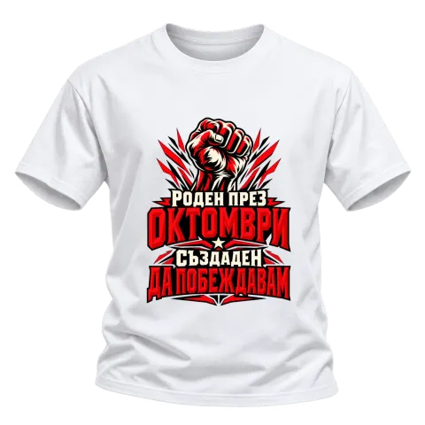 Роден през Октомври върху Тениска — Бяло