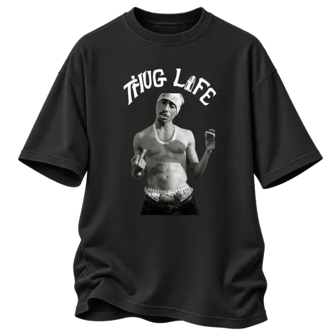 Thug Life 2Pac Middle Finger върху Овърсайз — Черно