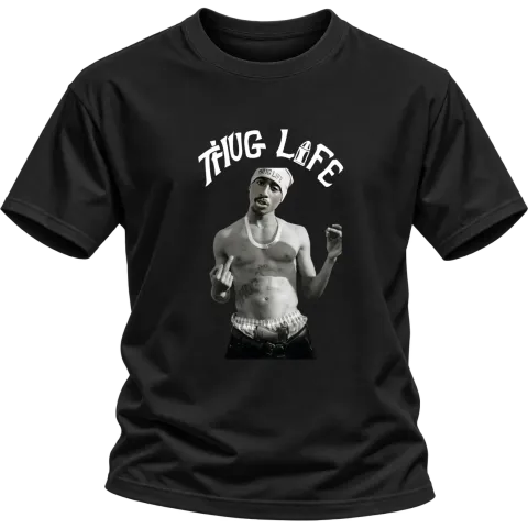 Thug Life 2Pac Middle Finger върху Тениска — Черно