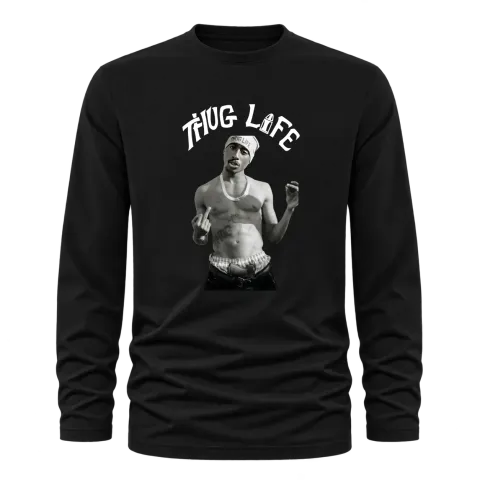 Thug Life 2Pac Middle Finger върху Тениска с дълъг ръкав — Черно