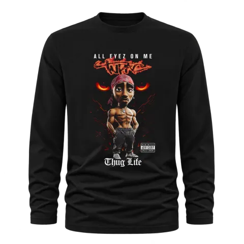 Tupac 2Pac Thug Life 3D върху Тениска с дълъг ръкав — Черно